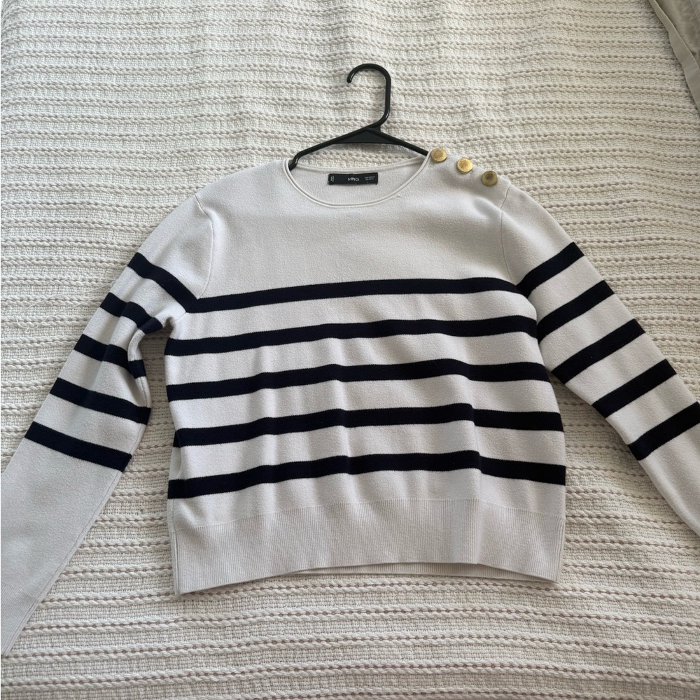 Mango White and Navy Striped Sweater